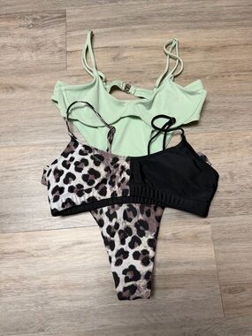 SHEIN Mint Green Ribbed Bralette + Leopard & Black Mix Bikini Set